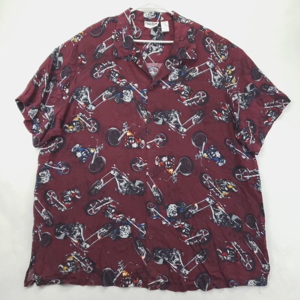 King Size Shirt Mens 3XLT Burgundy Motorcycle Print Camp Button-Up